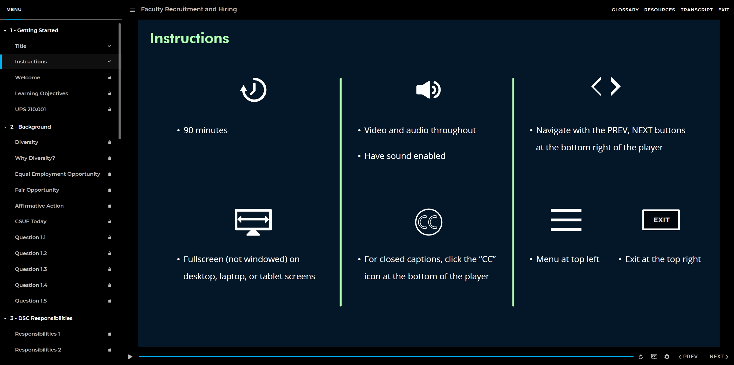 screenshot of Module Instructions