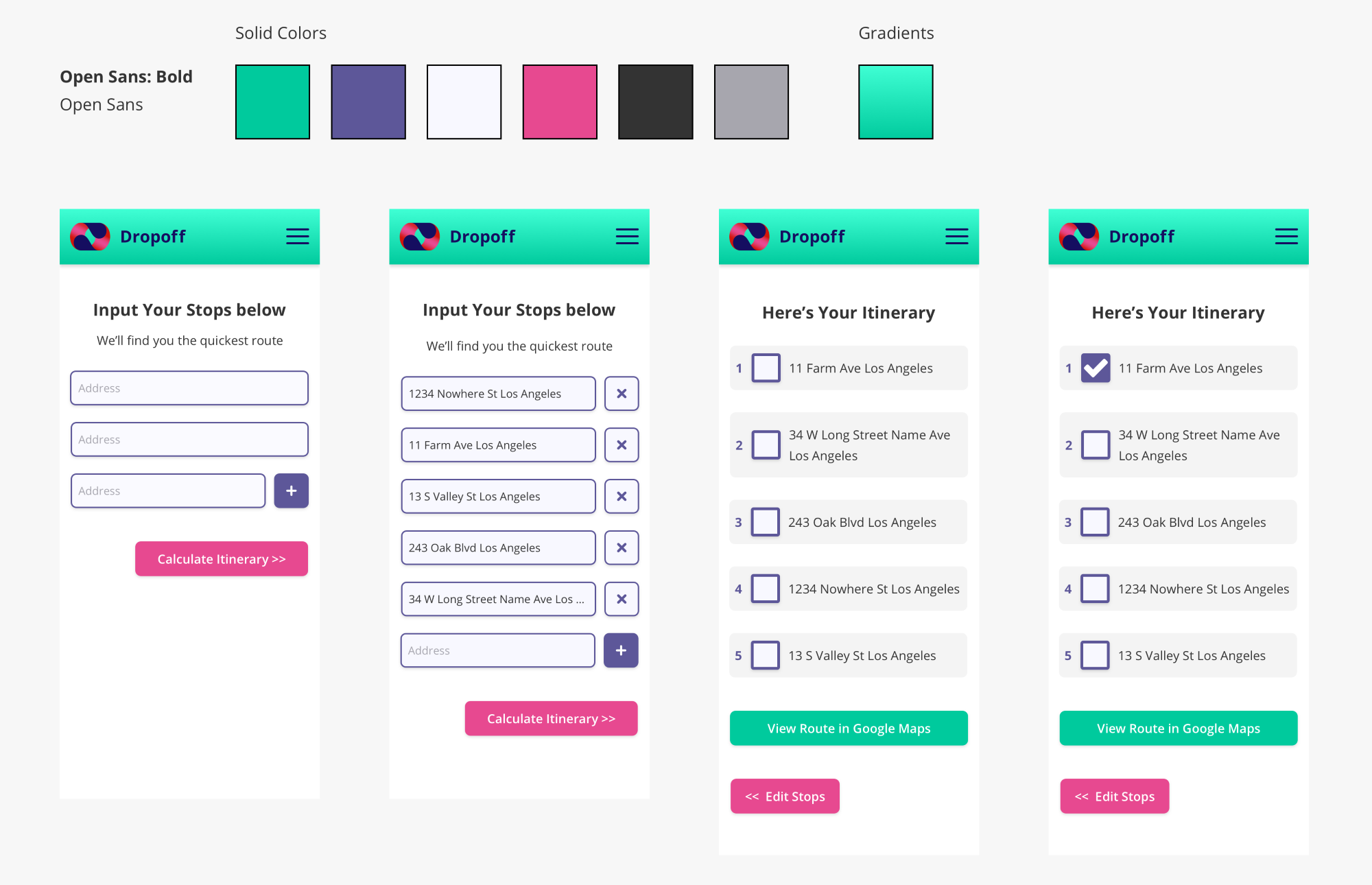 Dropoff High-Fidelity Screens and Color Scheme