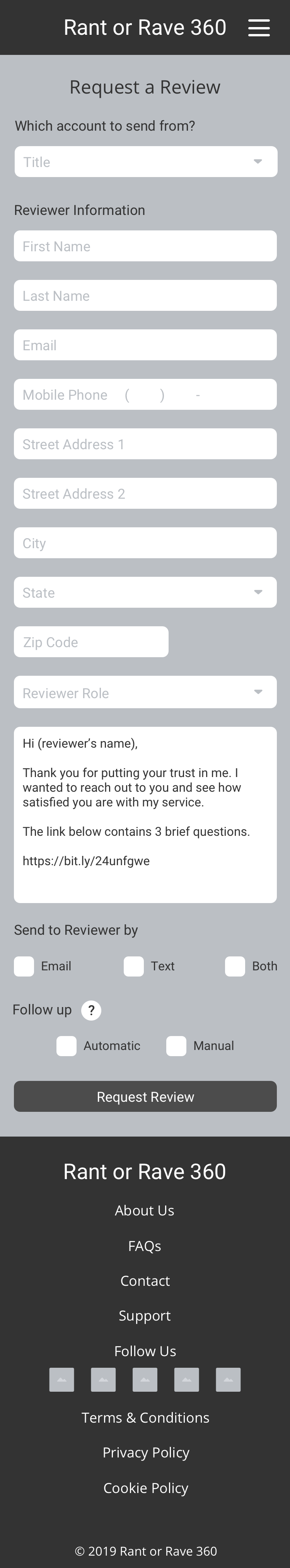 Request a Review screen (wireframe)