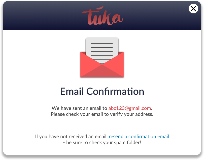 Email confirmation pop-up